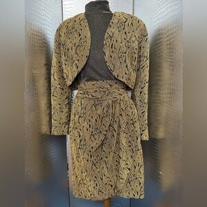 Mignon Vintage Gold and Black Paisley Long Sleeve Dress Matching Bolero Jacket